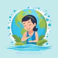 mundo agua día. niña en el agua en contra el antecedentes de el tierra. vector ilustración.