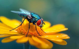 AI generated Close Up Look at a Housefly on a Yellow Blossom photo
