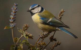 ai generado azul teta pájaro descansando en lavanda rama foto