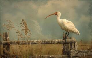 ai generado un detallado Disparo de un Exquisito blanco ibis en pie en un raído de madera barrera foto