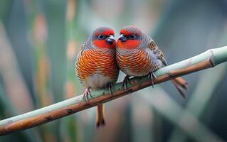 AI generated Tender Encounter, Finches Amid Detailed Plumage on Bamboo Perch photo