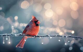 AI generated A bright red cardinal rests on an ice coated branch photo
