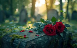 AI generated An emotional image of rich red roses set against a time worn burial site photo