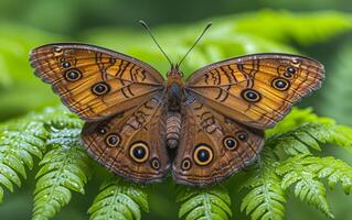 ai generado Rico marrón mariposa con elaborar ojo patrones en el alas, establecido en verdor foto