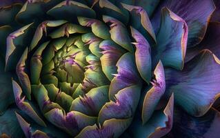 AI generated A macro shot capturing the intricate details and mesmerizing purple hues of an artichoke bloom photo
