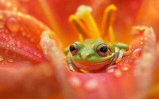 ai generado verde rana macro momento dentro el ardiente matices de naranja flor pétalos foto