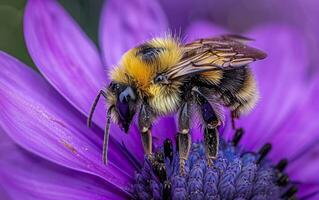 ai generado alto definición macro disparos de abejas a trabajo en flores foto