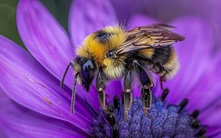 AI generated High Definition Macro Shots of Bees at Work on Flowers photo