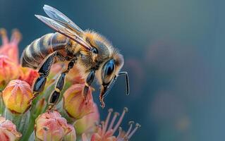 ai generado abeja en alto detalle en un lona de vistoso botánica foto