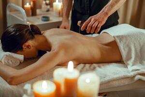 Masseur man therapist pouring warm herb infused oil on female back photo