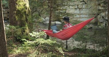 A woman works on a laptop in a hammock on the river bank in a beautiful forest. Concept of freelancing, digital nomad or remote office. 4K video