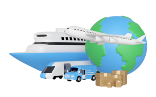 weltweit Versand Konzept mit Globus, Flugzeug, Lieferwagen, Boot, Waren Box isoliert. 3d machen Illustration png