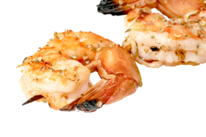 roasted peeled prawn with skewer isolated. grilled shrimp png