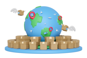 3d goods cardboard box with wing, globe on podium, pin isolated. express delivery route, worldwide shipping concept, 3d illustration render png