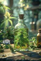 AI generated Hemp oil in glass bottle, selective focus photo