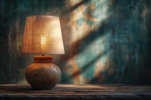 AI generated Cozy, old table lamp on wooden background, banner, copy space photo