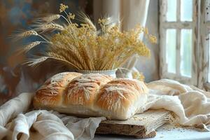 AI generated Fresh homemade bread with ears of wheat in a rural hut, selective focus photo