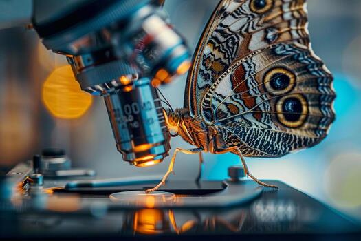 AI generated Study of butterflies under a microscope, selective focus photo