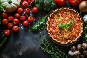 AI generated Top view banner with round vegetable pie and fresh vegetables photo