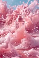 ai generado rosado botella de micelar agua con Arte espuma, decorativo cuidado productos cosméticos, selectivo atención foto
