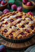 AI generated Plum pie on a wooden board photo