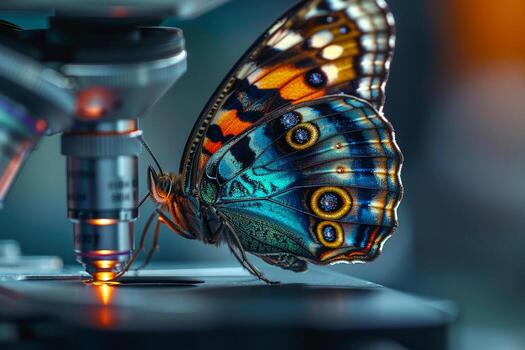 AI generated Close up of bright butterfly and microscope, lepidopterology photo