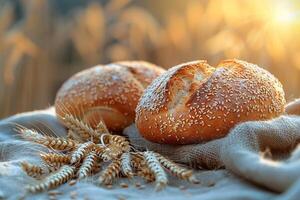 AI generated Fragrant, homemade wheat bread with ears of wheat, selective focus photo