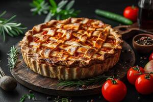 AI generated Vegetable pie on a wooden board photo