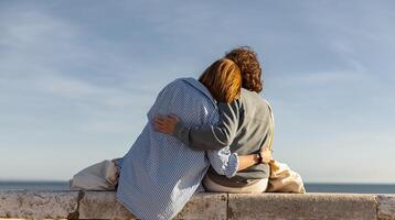 Rear view of young couple is hugging while sitting on bench and enjoys beautiful ocean view photo