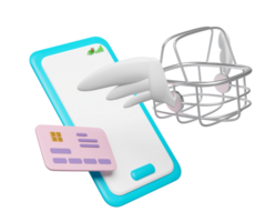 mobile téléphone, téléphone intelligent avec vide inoxydable acier achats panier aile, crédit carte isolé. en ligne achats, Express livraison concept, 3d illustration rendre png