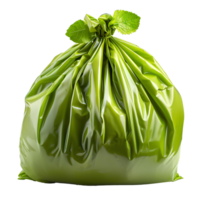 AI generated Green plastic trash bag PNG. Green trash bag isolated. Trash bag for biodegradable materials PNG