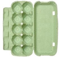 Green recycled egg carton on isolated background, storage photo
