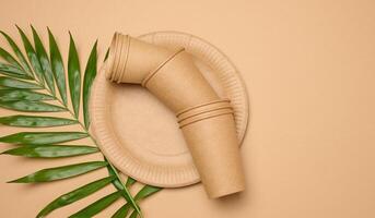 Paper plates and cups on a beige background photo