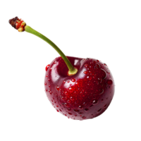 AI generated Red cherry with stem PNG. Red cherries PNG. Wild red cherry isolated. Cherry with a steam and a leaf PNG