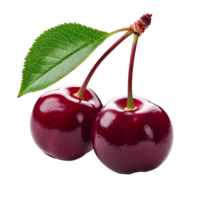 AI generated Red cherry with stem PNG. Red cherries PNG. Wild red cherry isolated. Cherry with a steam and a leaf PNG