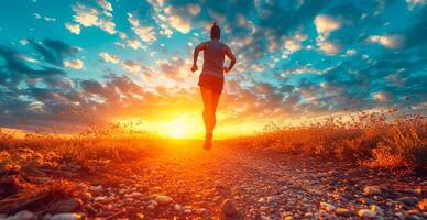 ai generado corriendo niña a atardecer, Deportes correr, sano estilo de vida - ai generado imagen foto