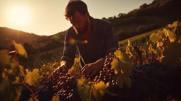 AI generated Harvest Time Amidst Golden Vineyard Hills photo