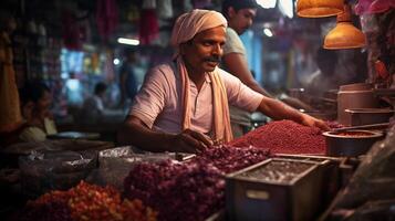 AI generated A Vendor Arranging Spices at a Bustling Market photo