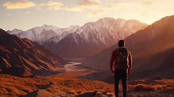 AI generated A Lone Traveler Admires Majestic Mountain Ranges photo