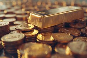 AI generated Gold bar put on top of stacks of gold coin photo