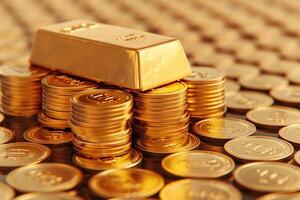 AI generated Gold bar put on top of stacks of gold coin photo