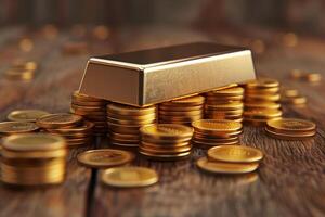 AI generated Gold bar put on top of stacks of gold coin photo