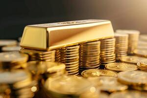 AI generated Gold bar put on top of stacks of gold coin photo