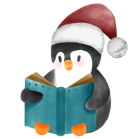 Cozy Christmas Penguin Reading a Book Watercolor Festive Illustration png