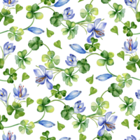 Watercolor seamless pattern with saffron and clover. Painted herbal plants and flowers. Hand drawn Irish symbol. Design for St. Patrick day, Easter backdrop, package, textile. png