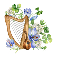 Musical instruments and spring flowers watercolor illustration. Painted green clover with harp and mandoline. Irish symbol hand drawn. Design for St Patrick day, Easter, springtime. png