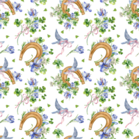 Lucky symbol horseshoe and flowers in botanical art watercolor seamless pattern. Painted saffron, clover and bird. Design for St. Patrick day, Easter, spring banner, paper, textile. png