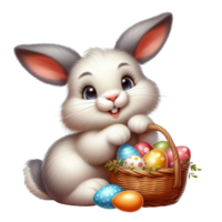 ai generiert ein charmant Weiß Ostern Hase umgeben durch gemalt Ostern Eier png isoliert auf transparent Hintergrund ai generativ