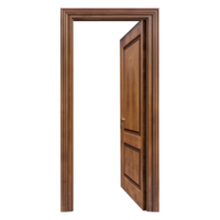 ai generado abierto puerta aislado en transparente antecedentes. frente ver abierto de madera puerta con marco png