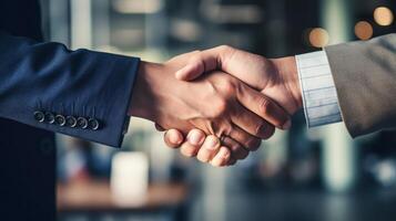 AI generated Business people shaking hands and meeting for partnership, B2B or deal agreement at the office Generative AI photo